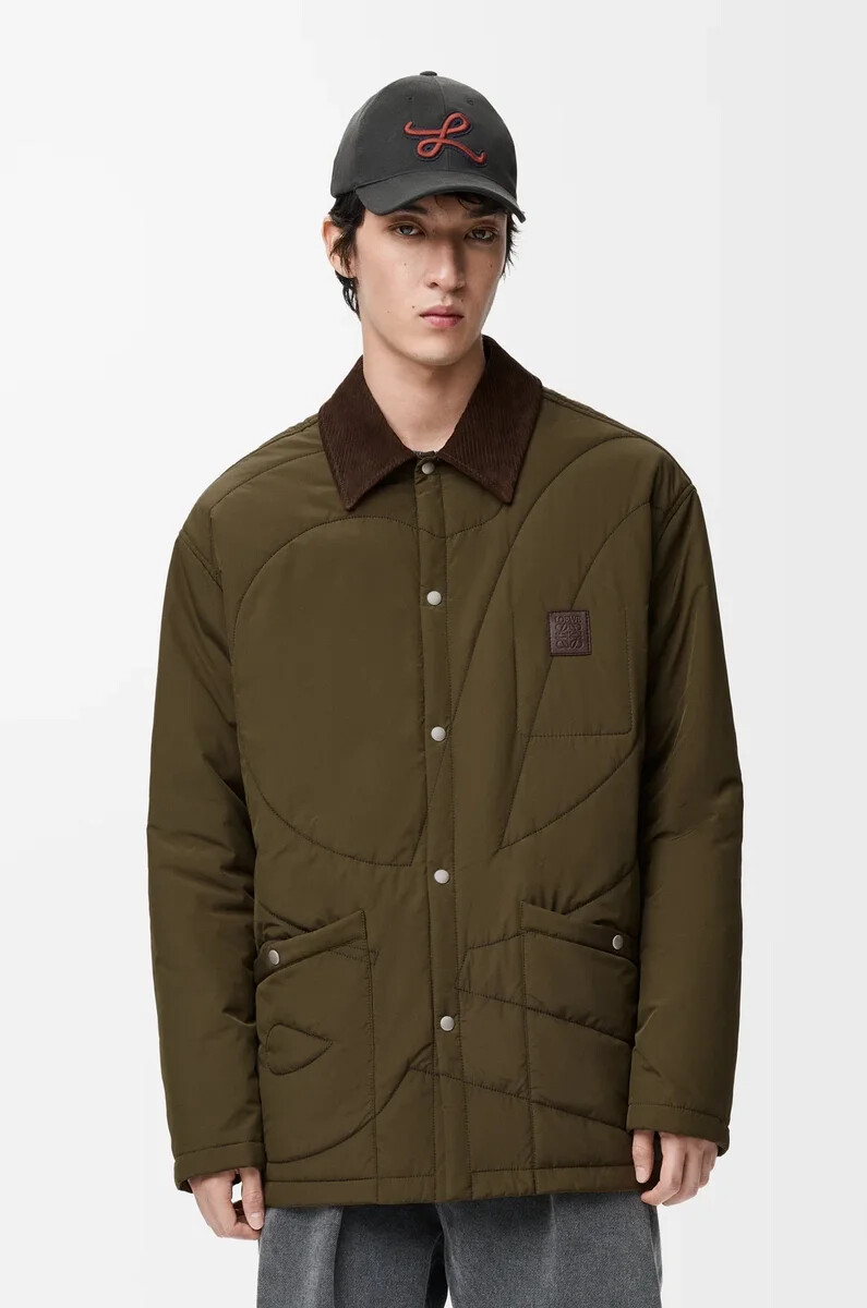 padded overshirt in technical shell khaki green