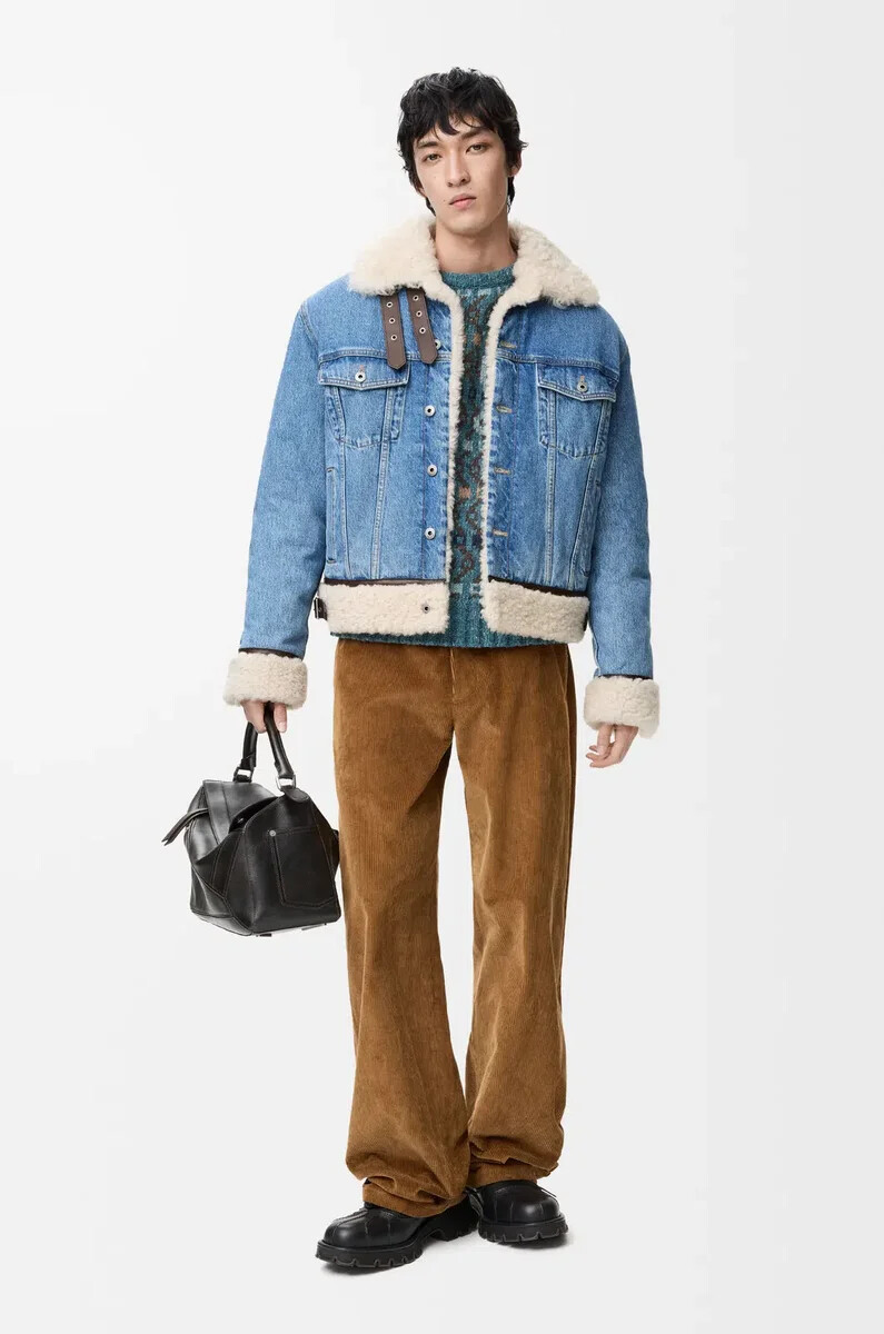 trucker jacket in denim and shearling denim blue