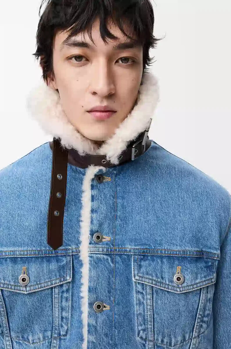trucker jacket in denim and shearling denim blue