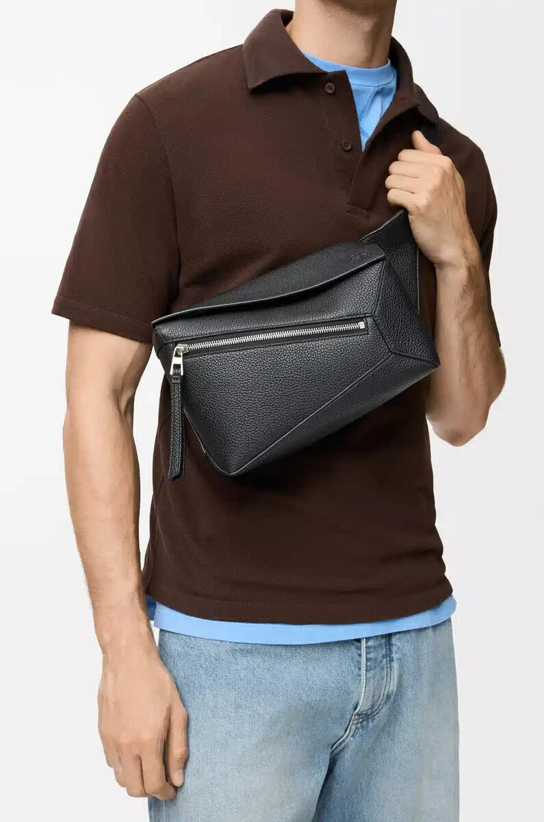 small puzzle bumbag in grained calfskin black