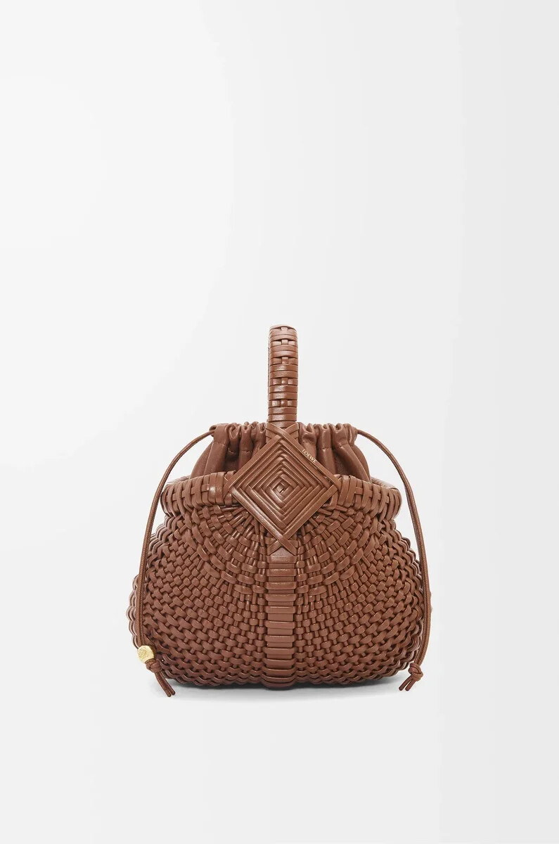 mini diamond round basket bag in calfskin dark tan