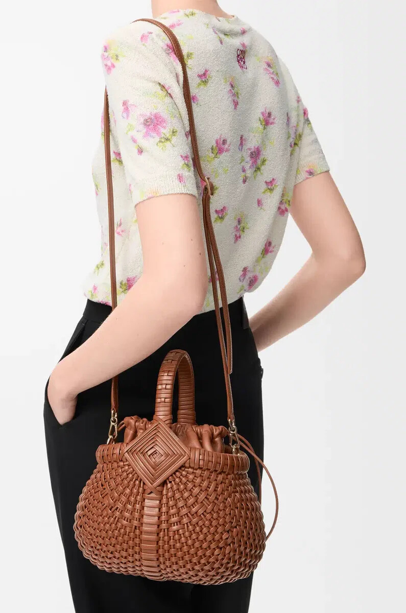 mini diamond round basket bag in calfskin dark tan