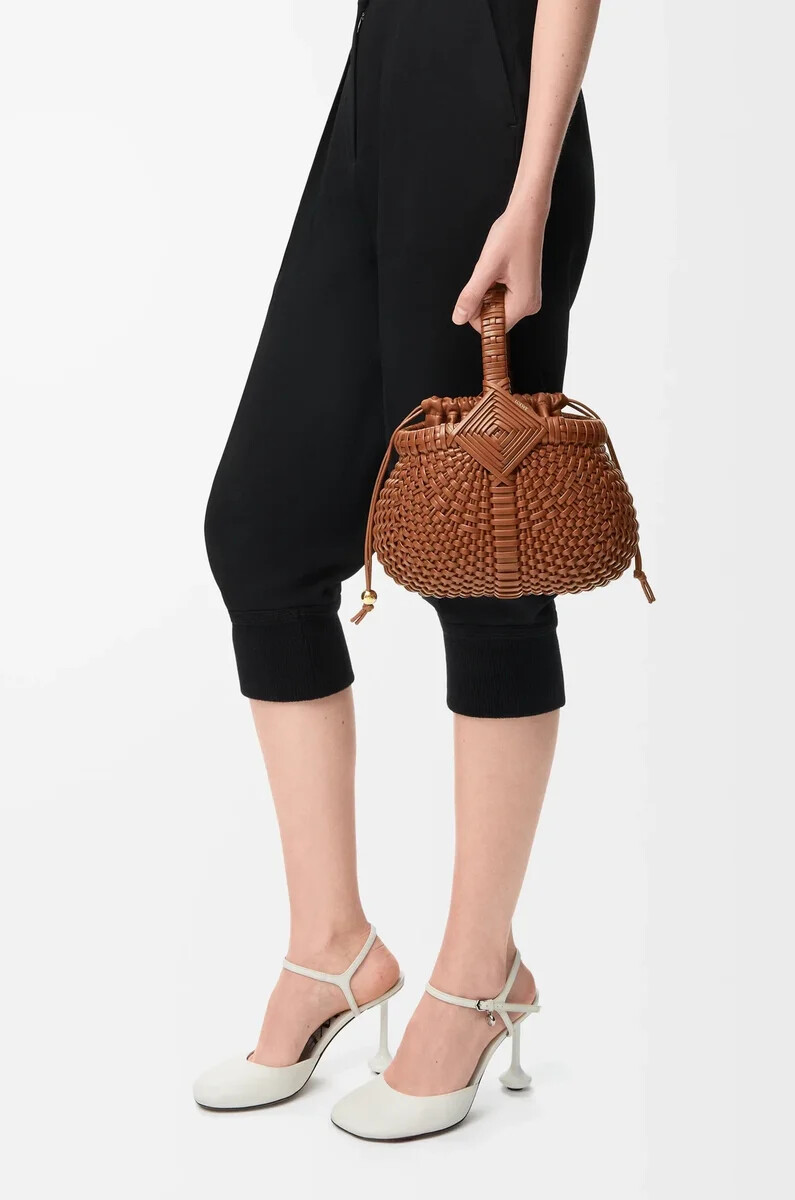 mini diamond round basket bag in calfskin dark tan