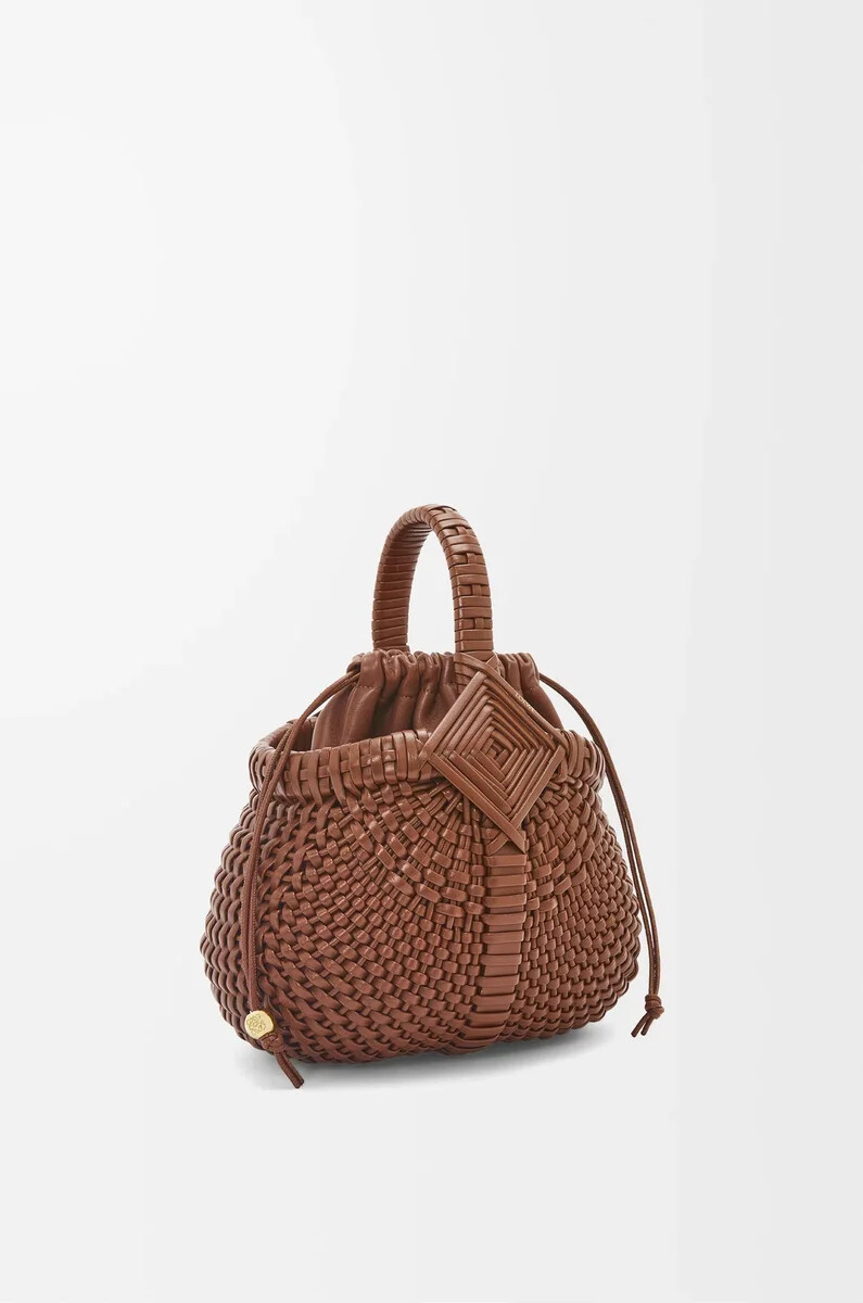 mini diamond round basket bag in calfskin dark tan