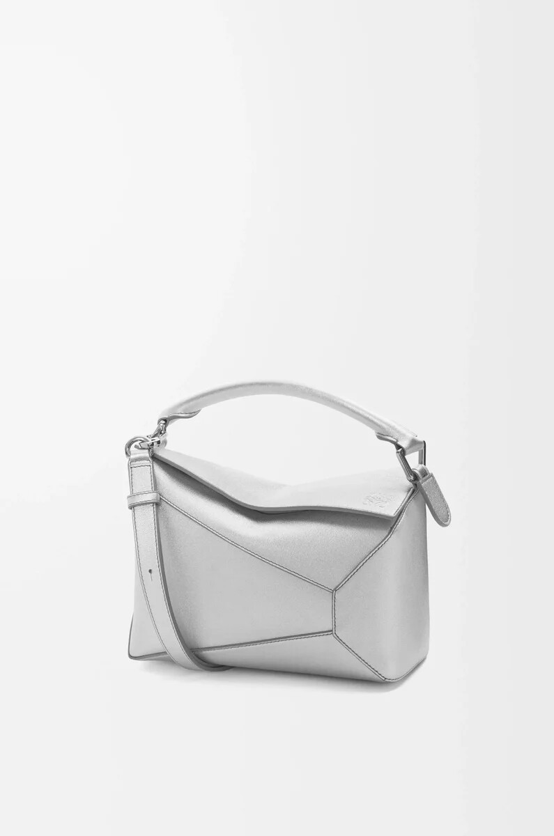 small puzzle edge bag in laminated lambskin silver