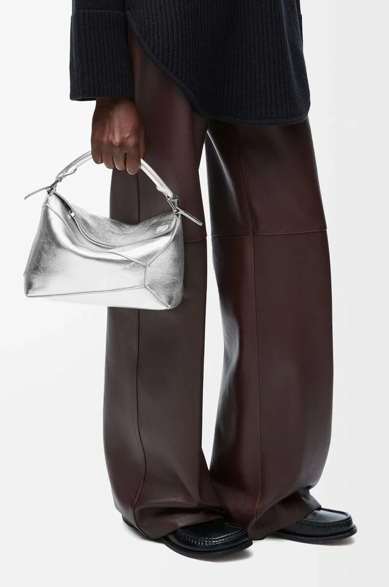 small puzzle edge bag in laminated lambskin silver