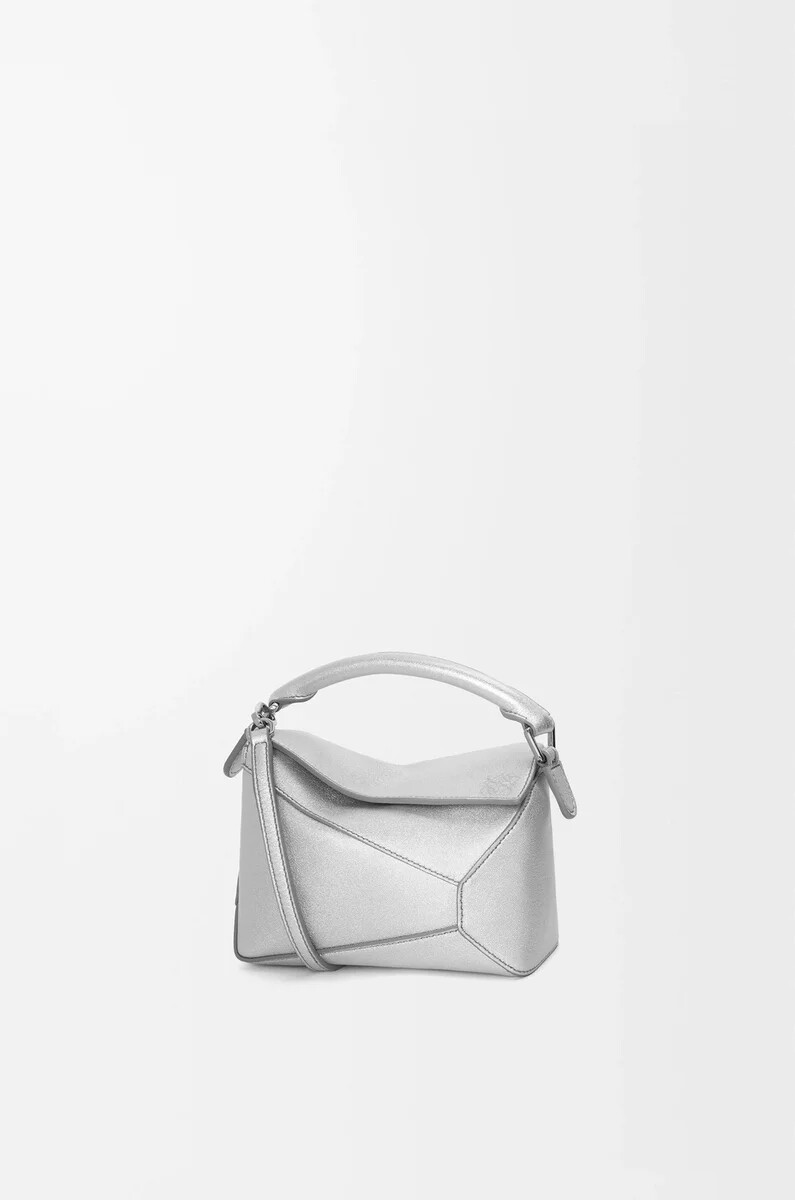 mini puzzle edge bag in laminated lambskin silver