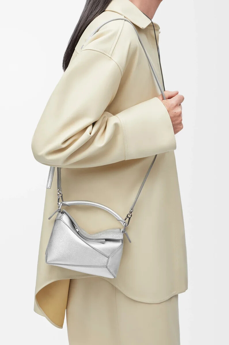 mini puzzle edge bag in laminated lambskin silver