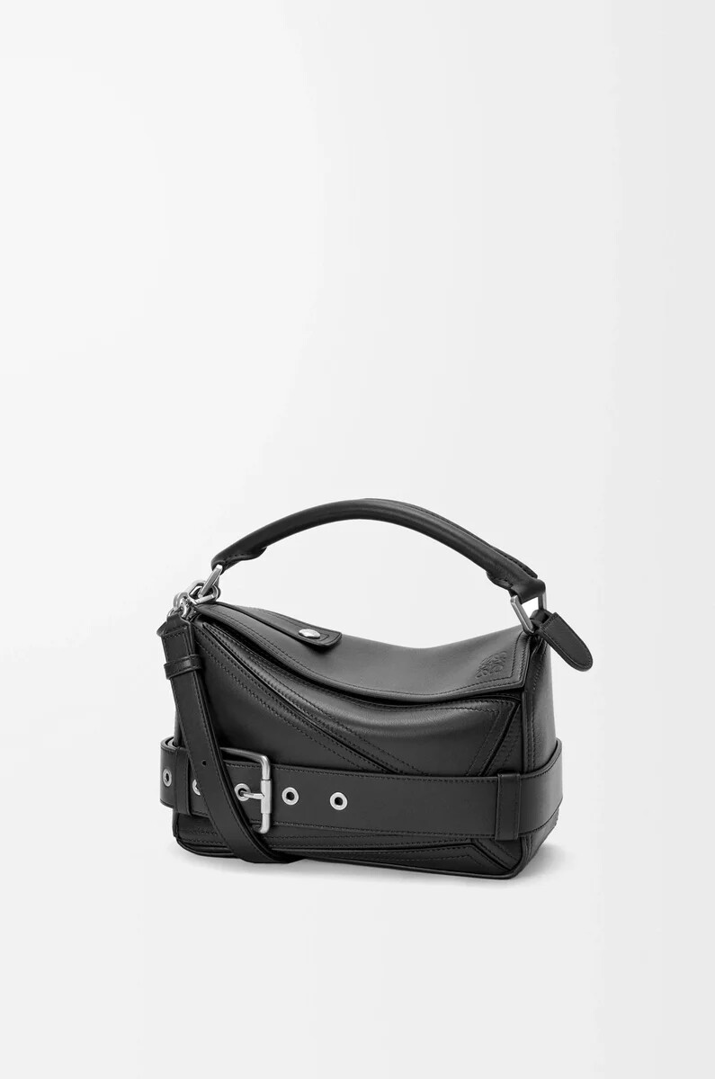 small puzzle biker bag in shiny calfskin black