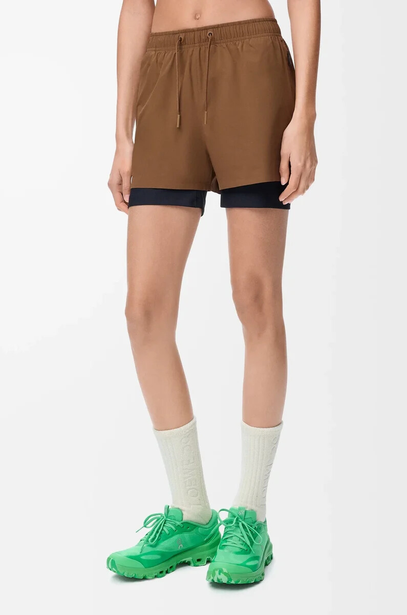 performance shorts in technical shell toffee