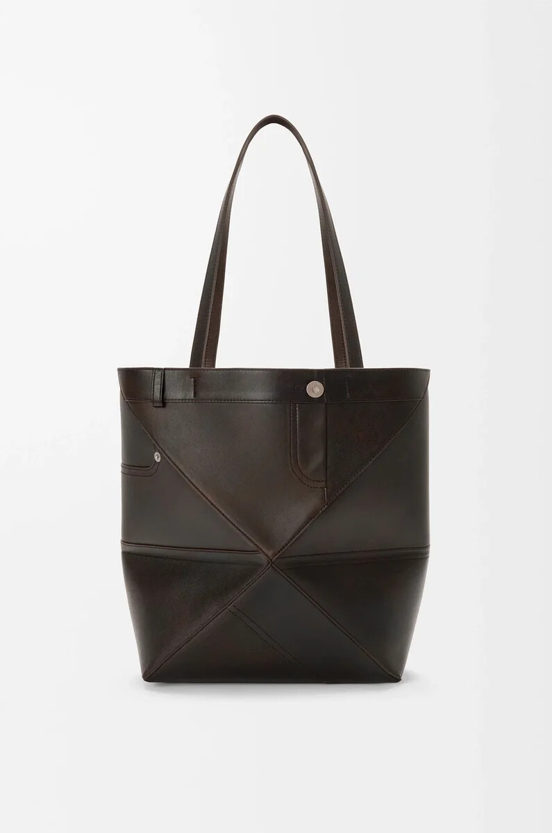 panta medium puzzle fold tote in shiny calfskin vintage brown