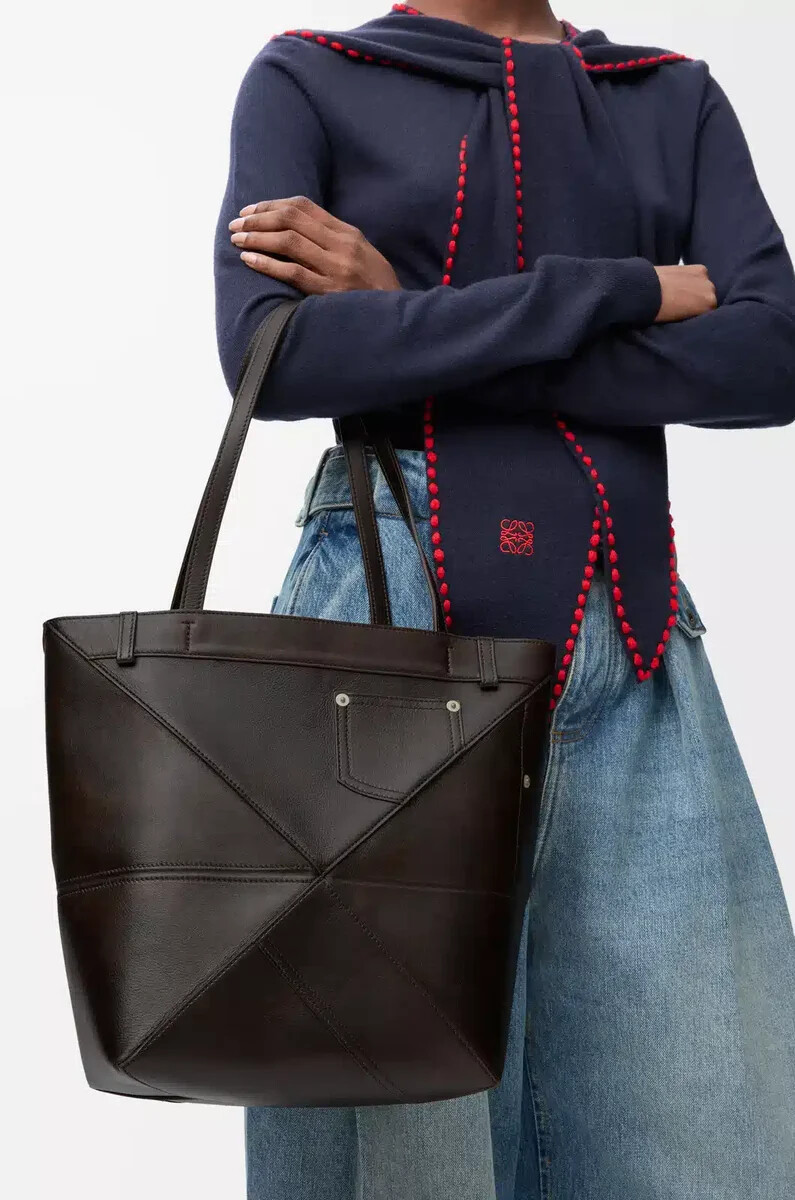 panta medium puzzle fold tote in shiny calfskin vintage brown