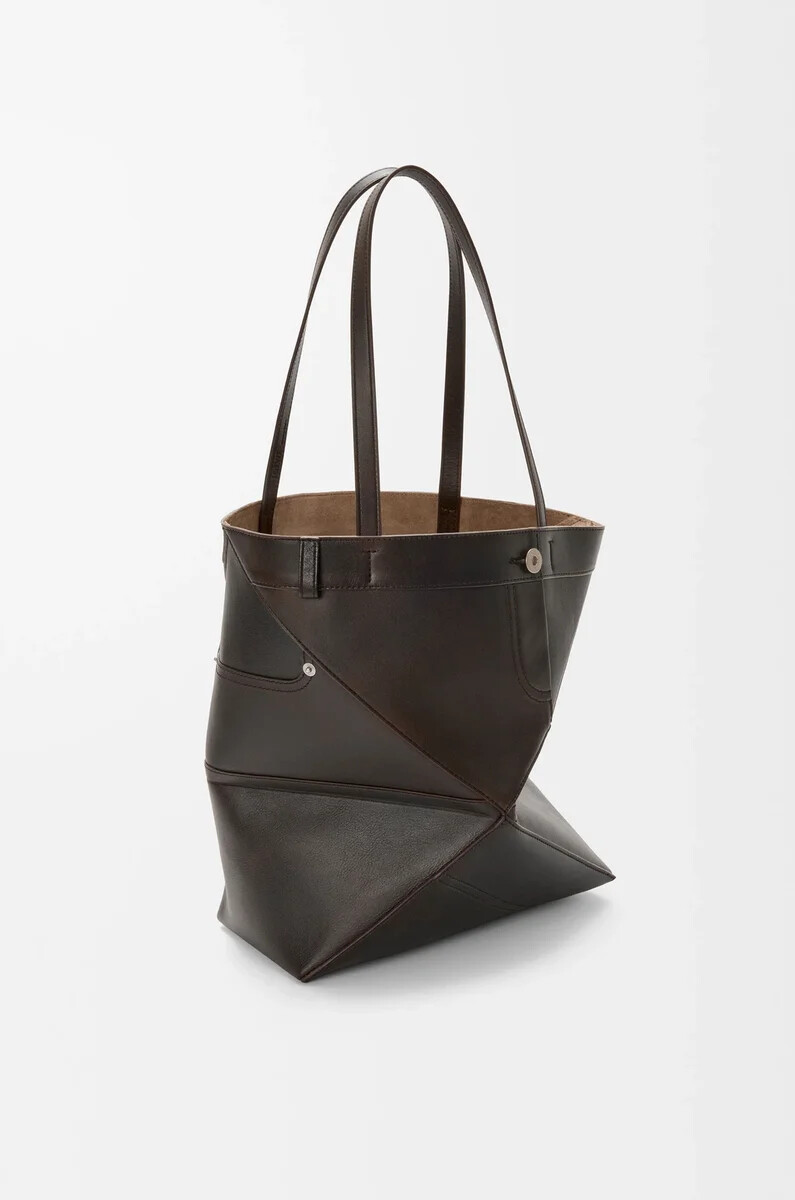 panta medium puzzle fold tote in shiny calfskin vintage brown